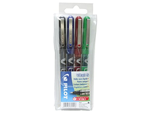 Pilot - V-Ball 0,5 - Roller encre liquide - Pochette de 4 - Noir/Bleu/Rouge/Vert - Pointe fine
