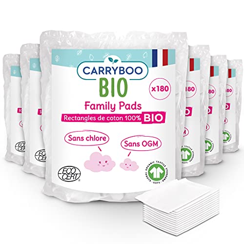 Carryboo - 1080 Carrés de Coton Bio - Lot de 6 Packs de 180 Pads de 8x10 cm- Fibre 100% Naturelle, 100% Coton Bio - Sans Chlore, Certifié Gots - Fabriqué en France