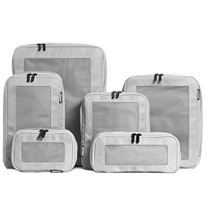 Aerotrunk Compression Packing Cubes for Travel – Luggage Organizer Bags – Double Zipper Packing Cubes for Suitcases (6-Pack, Light Grey)