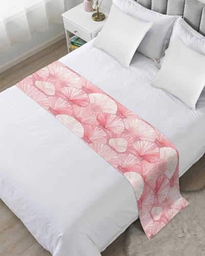 Pink Coastal Shell Bed Runner for Full/Queen Size, Nautical Beach Ocean Summer Bedspread Protector Slipcover Bed Scarf for Foot Runners & Scarves for Bedroom Hotel Wedding Room 83x20 Inches