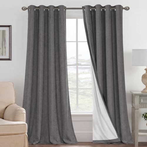 Image of H.VERSAILTEX Blackout Curtains Linen Curtains 120 inches Long 100% Black Out Curtains for Bedroom Windows, Textured Linen Look Draperies Grommet with White Liner, 2 Panels, Grey