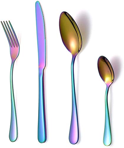 16 Piece Cutlery Set, Classic Stainless Steel Flatware Silverware Set With Knives/Forks/Spoons/Teaspoons, Service For 4, Mirror Polished,Dishwasher Safe Knife Fork Spoon Set (Color : Rainbow) #TOP30