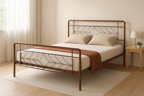 Image of Vara Metal Queen Size Bed Without Storage | Wrought Iron Double Bed with Headboard & Footboard | Sturdy Powder Coated Platform Bed Queen Size Cot for BedroomLivingRoom Brown (75x60)