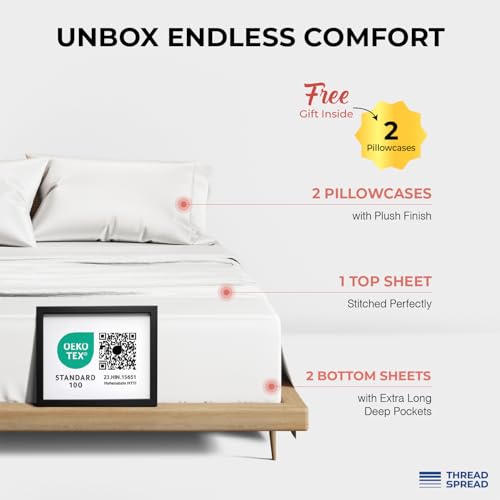 Image of THREAD SPREAD 100% Egyptian Cotton Split King Sheets Sets for Adjustable Bed - Luxury 1200 Series Plush Collection Split Top King Sheets (5 PC, White), Soft, Cooling, 17 inch Deep Pocket Sheet Set