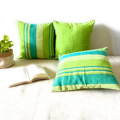 Image of RANGBHAR Handloom Cotton Cushion Covers With Concealed Top Zip, Striped /Solid Cushion Covers For Living Room, 16 X 16 Inch, Green, Pack Of 3, 220 TC