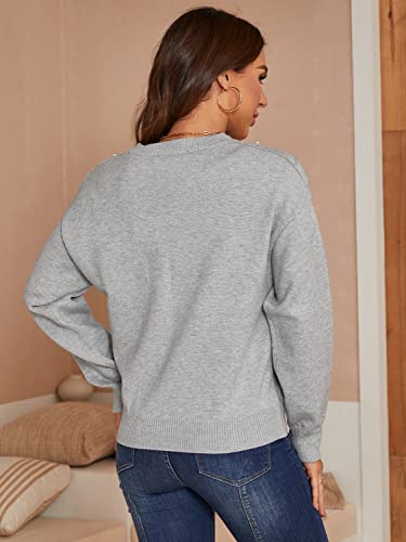 Miessial Women's Crewneck Long Sleeve Pearl Sweater Pullover Fashion Ribbed Knit Sweater Jumper Top Grey Small #TOP2