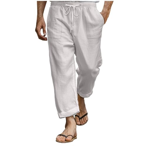 Cotton Linen Pants Men Solid Color Straight Trousers Summer Casual Wide Leg Drawstring Elastic Waist Cotton Linen Pants