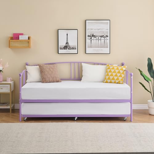 Image of Garvee Twin Daybed with Trundle, Sturdy Metal Day Bed with Arched Headboard and Steel Slat Support, Pullout Trundle with 6 Casters, Sofa Bed for Living Room Bedroom and Guest Room, Purple | Pullout Trundle, Six Smooth Casters, Space-Saving Design, Extra Sleeping Space, Easy Assembly, Purple