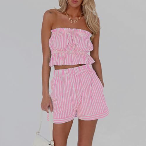 Image of Yuemengxuan Women Shirred Top Shorts Summer Outfits Set 2 Piece Striped Pajamas Set Sleeveless Ruched Bandeau Tube Top Shorts