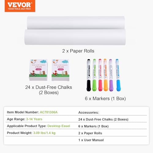 Image of VEVOR Easel Accessory Set, 32 PCS Kid's Art Easel Painting Kit Including Chalks, Dry-Erase Markers & Paper Rolls, Supplies Set for Tabletop Art Easel, Painting Accessories for Toddlers Boys and Girls
