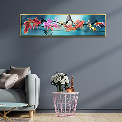 Image of PAINTINGMANTRA Auspicious Five Fish Large Canvas Painting Framed Panel Wall Painting, Framed Luxury Paintings for Home Decoration, Living room, Bedroom and Office Decor (Blue, 13x47 Inch)