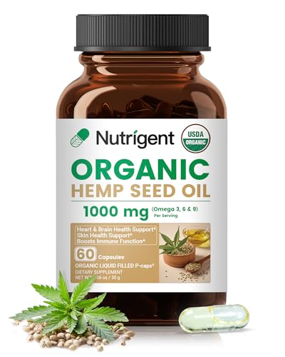 Nutrigent USDA Organic Hemp Seed Oil 1000 mg, Cold Pressed & 100% Pure, Plant-Based Omega 3-6-9 for Heart, Joint, Relaxation & Emotional Wellness, 60 Capsules