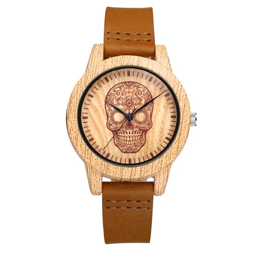 JewelryWe Totenkopf Uhr aus Holz und Echtleder: Vintage Punk Halloween Schädel Holzmaserung Armbanduhr Herren Damen Braun Lederarmband Analog Quarz Uhr Geschenk für Männer Frauen