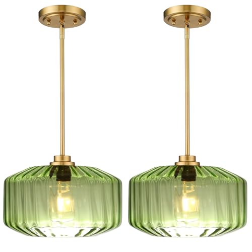 Image of 2-Pack Gold Pendant Light Fixtures Green Glass Flush Mount Light Fixtures Mid Century Farmhouse Hanging Lighting 1-Light Vintage Large Glass Ceiling Pendant Lighting for Kitchen Island