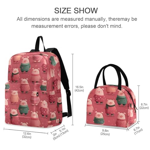 Cartoon Pigs Print Backpack Set with Lunch Bag, Large Capacity Travel Backpacks and Lunch Box Insulated for Commute Hiking Picnic2