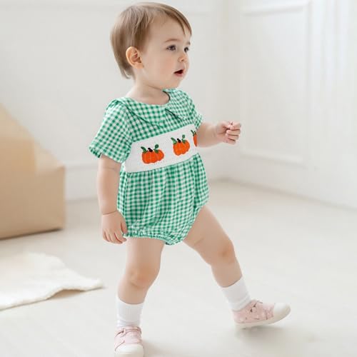 Infant Boy Smocked Pumpkin Romper Embroidery Babydoll Collar Short Sleeve Gingham Bodysuit Baby Halloween Clothes2