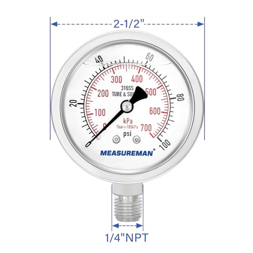 MEASUREMAN Pressure Gauge 1/4 NPT, 0-100psi/kPa Fully Stainless Steel Hydraulic Glycerin Filled Pressure Gauge with 2.5 Inch Dial Size (0-100 psi, Lower Mount - 100% Stainless Steel)