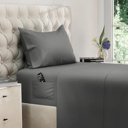 Image of DREAMCARE Twin XL Sheet Sets - 3 pcs Breathable Cooling Sheets - up to 15 inch Deep Pocket Twin XL Sheets Set with Side Pockets - Extra Soft 100% Brushed Hypoallergenic Hotel Luxury Bedding - Dark Gray