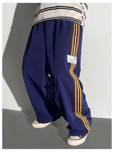 Verdusa Boy's Side Striped Pants Drawstring Waist Straight Leg Letter Patched Baggy Trousers4