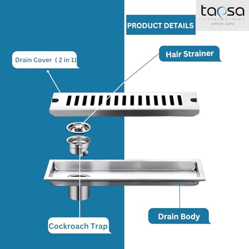Image of Tapsa Wave Floor Drain Channel Chrome| 304 Stainless Steel | Invisible Shower Drain Channel | 8 x 4 Inches | Waste Water Floor Drain for 20x10 mm Tile | Drainer Channel | Anti Cockroach Trap | Silver