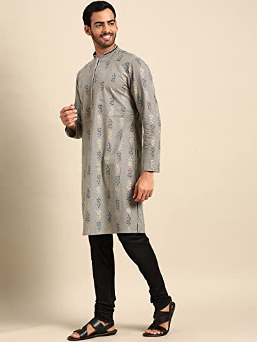 Image of Men's Black Art Silk Regular Fit Ethnic Motifs Kurta | Indian Kurta | Festive Ethnic Kurta with Embroidered Packet
