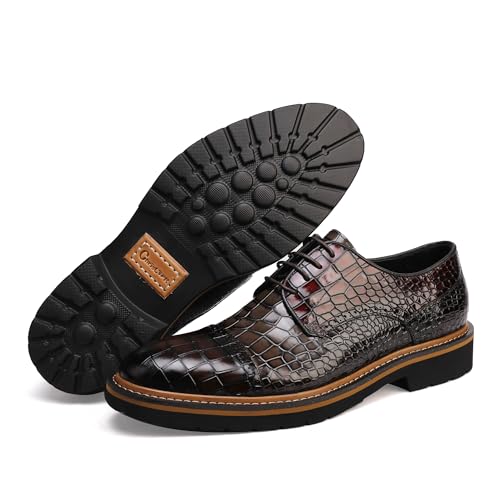 Image of Leather Oxfords Business Formal Brogue Dress Shoes, Two Color Mix /Crocodile Pattern