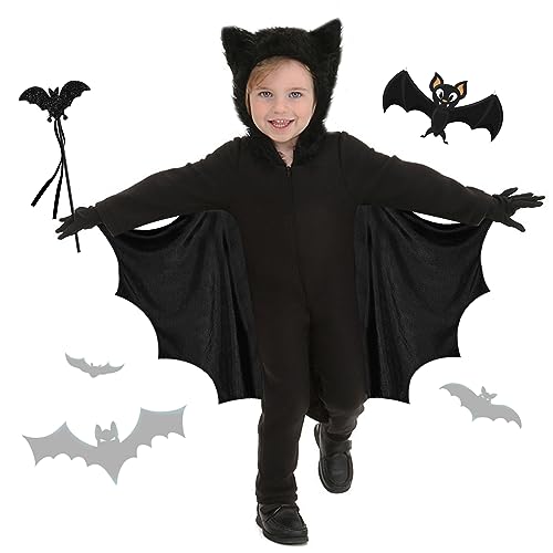 SHOWHEEL Disfraz Murcielago de Halloween para Niños y Niñas,Disfraz Vampiro con Capucha,Guantes Negros y Cetro 4 a 12,Infantil Capa de Halloween,para Carnaval Cosplay traje Fiesta