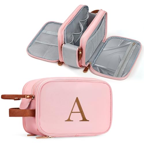 YOOLIFE Travel Toiletry Bag - Toiletry Bag for Women | Initial Makeup Bags Personalized Birthday Gifts for Women Teen Girls Gifts | Travel Essentials Large Capacity Letter A Pink