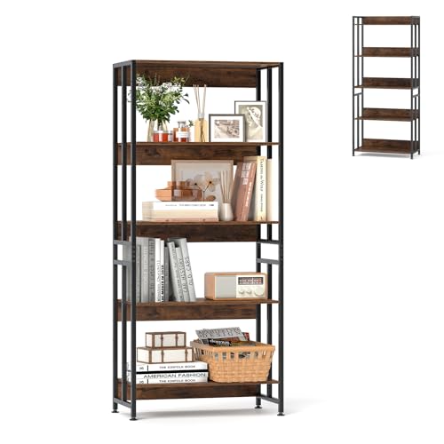 HOMASIS Bücherregal mit 5 Ebenen, industrielles Standregal mit verstellbaren Regalboden & Metallrahmen, Aufbewahrungsregal Gewürzregal Küchenregal Leiterregal für Wohnzimmer Küche Büro (Vintage Braun)