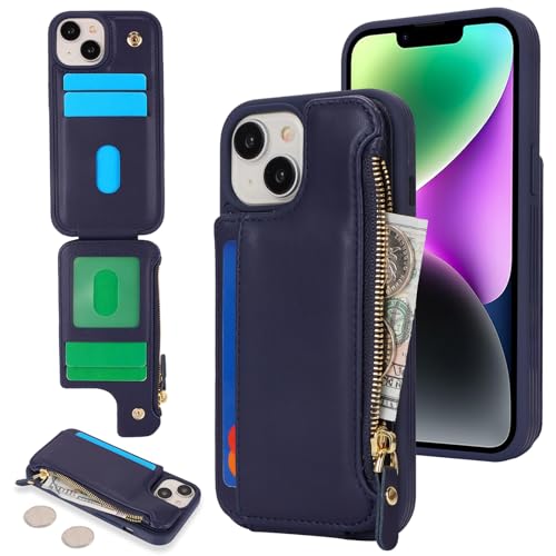Étui portefeuille iPhone 14/13 Cavor en cuir bleu avec porte-cartes