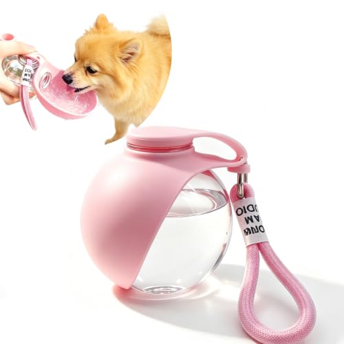 Image of Dog Water Bottle Portable, 2in1 Round Dog Water Bowl PET 10oz | Leak Proof Pet Water Dispenser, Foldable Silicone Bowl Drinking Bottle for Dogs Puppy Cats Travel Walking Hiking Camping Pink