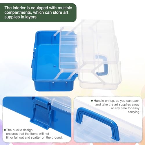 Image of YOKIVE Art Supply Storage Organizer, Art Tool Storage Box 3-Tray Craft Box Art Supplies Organizer with Handle Buckle for Brushes Paints Stamps, Trans Blue