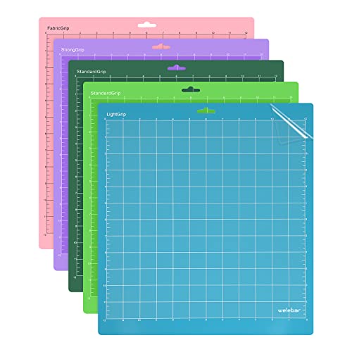 Welebar 5 Pack Cutting Mats for Silhouette Cameo 5/4/3/2/1, 12x12 Inch StandardGrip/LightGrip/StrongGrip/FabricGrip, Cutting Mats for Sewing, Quilting, Crafts