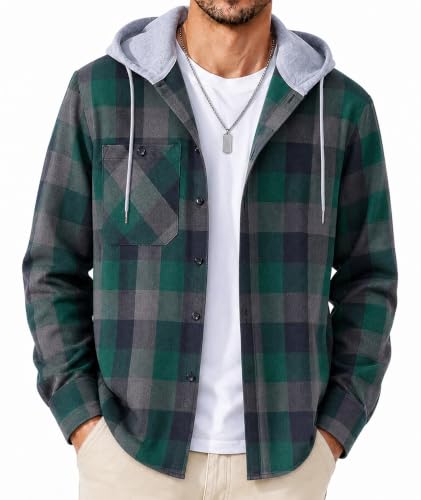 Image of SCODI Mens Flannel Hoodie Shirt Casual Button Down Plaid Long Sleeve Shirts