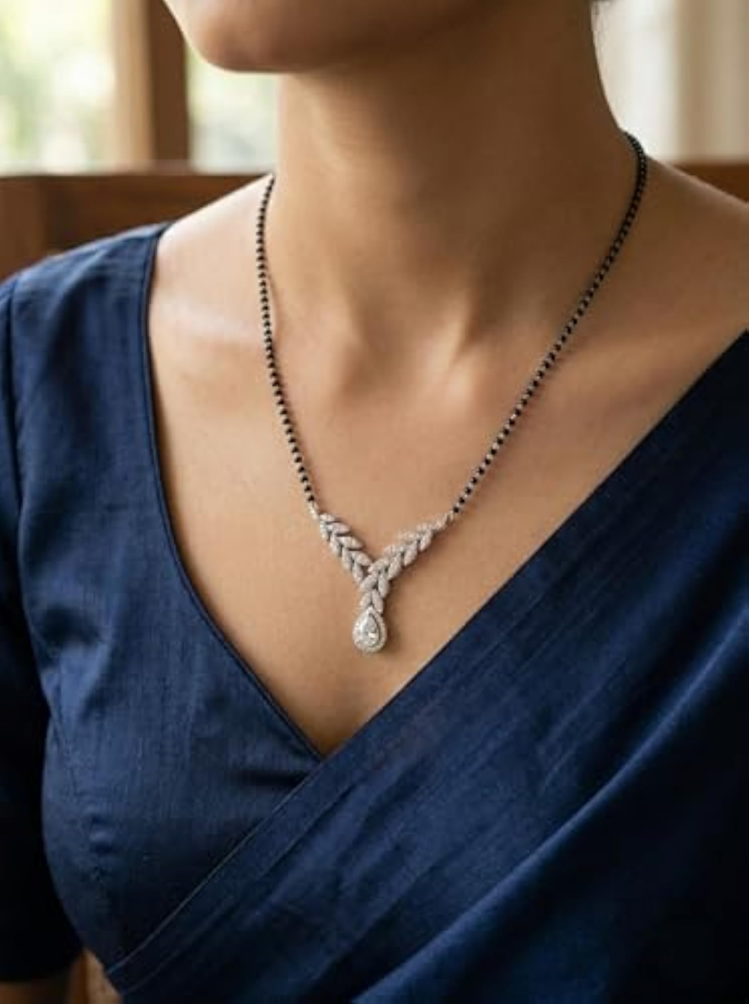 925 Sterling Leaf Design Mangalsutra with Green Teardrop Crystal