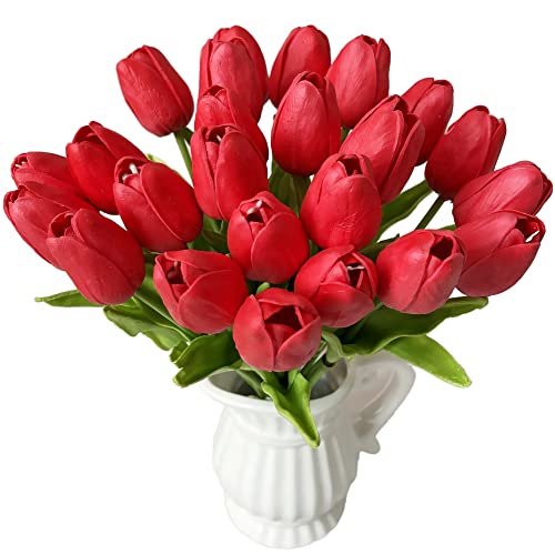 UKELER 24 Pcs Fragrant Red Flowers 13.5" Tall Artificial Tulip Flowers for Home Kitchen Wedding Decorations Tulip Wreath Arrangement