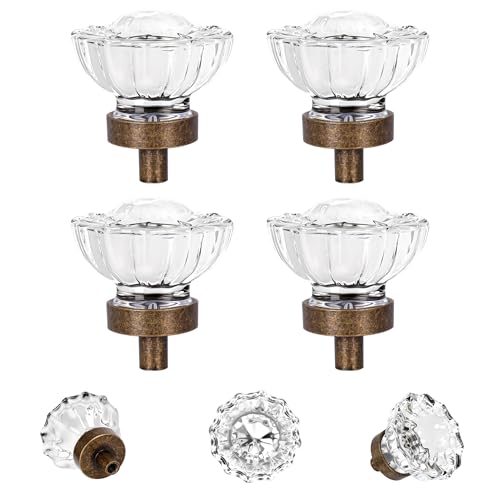 4 Pack Crystal Glass Cabinet Knobs, Vintage Antique Brass Drawer Knobs Aged Bronze Kitchen Cabinets Dresser Cupboard Wardrobe Pulls Handles (36mm)