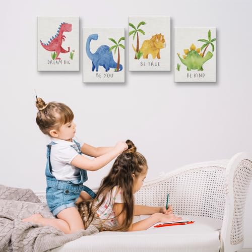Image of Cute Watercolor Dinosaur Prints Inspirational Motivational Quotes Canvas Wall Art Nursery Decor Wall Decor Funny Poster Artwork for Kids Room Classroom Bedroom Decorations,4PCS,Framed,8x10IN