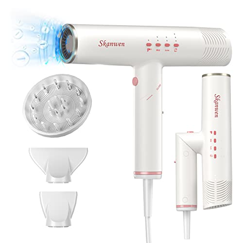 SKANWEN Hair Dryer with Diffuser, Folding Handle Ionic Blow Dryer with 110,000 RPM Brushless Motor | Fast Drying, Low Noise, Lightweight Design, Perfect for Women Curly Hair, Pearl White
