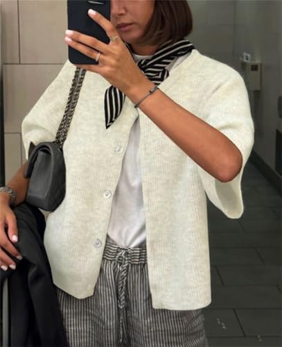 Image of Women Knitted Crop Cardigan Shirt Short Sleeve Button Down Ribbed Knit Crop Top Y2k Girls Outwear Top Tee Shirt