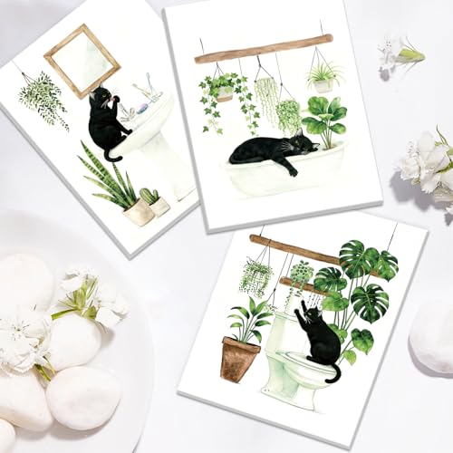 Image of CHDITB Black Cat Bathroom Canvas Wall Art Set of 3, Funny Cat Watercolor Painting, Botanical Cats Wall Decor, Boho Plants Poster, Cute Kitten Art Prints For Restroom Laundry Room Decor(12X16 Inch)