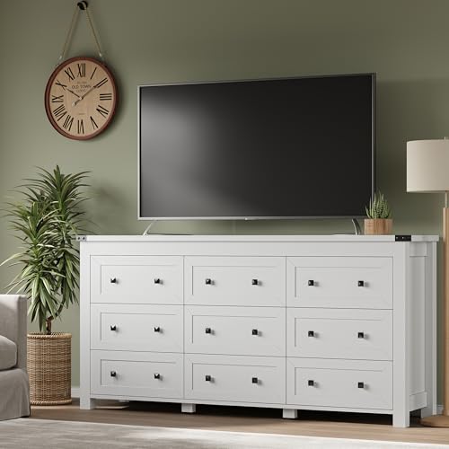Image of BORNOON 9-Drawer Dresser, Modern Wooden Storage Chest of Drawers, Dresser TV Stand, Wood Drawer Organizer with Metal Handles for Bedroom, Living Room, Hallway