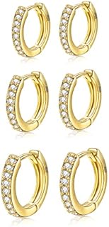 6 Pairs Hoop Earrings 14K Gold Plated Huggie Hoop Earrings Sterling Silver Small Hoop Earrings Set Tiny Cubic Zirconia Cartilage Earrings for Women Men