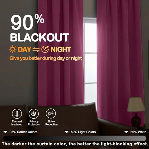 Image of Hot Pink Blackout Curtains for Bedroom 72 Inch Length 2 Panels Set, Thermal Insulated Curtains for Living Room Nursery, Energy Saving Window Drapes for Patio French Door Front Door, 2x40Wx72L