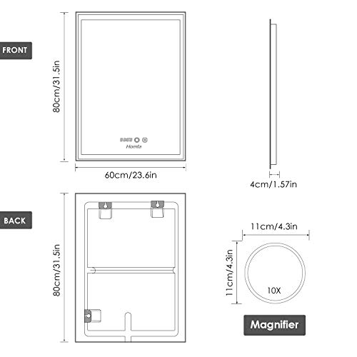 Homfa 60x80cm Bathroom Mirror Wall Mounted Illuminated Mirror LED Makeup Mirror Cosmetic Mirror with Anti-fog Demister, Touch Sensor Switch, 10X Magnifier, Memory Function, 3 Dimmable Modes