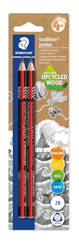 STAEDTLER Jumbo 1285 - Matita per imparare a scrivere, realizzata in legno Upcycled Wood, superficie morbida antiscivolo, made in Germany, con 2 matite 2B, 1285-0 BK2