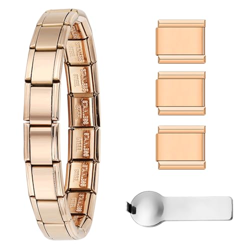 Image of Rose Gold Italian Charm Bracelet for Women Men 9mm Stainless Steel Modular Starter Link Bracelet with 18 Links & 3 Extra Charms Adjustable 18cm-21cm Modular Bracelet with Opening Tool