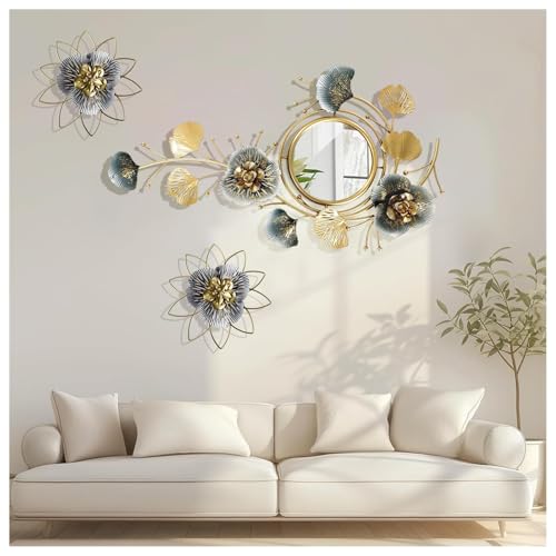 Reloj de pared Espejo de pared grande para sala de estar, decoración del hogar y dormitorio, espejos decorativos de metal Ginkgo Biloba pared arte (92 * 52 cm)