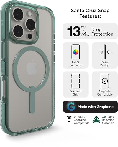 Image of ZAGG Santa Cruz Snap Case for iPhone 16 Pro - MagSafe Compatible, 13ft Military-Grade Drop Protection, Graphene Reinforced, Lightweight, 70% Recycled Content, Clear with Color Accents, Green