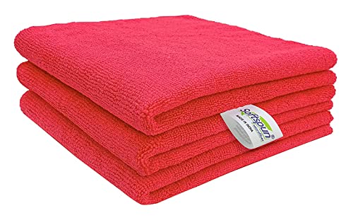 Image of SOFTSPUN Microfiber Cleaning Cloths, 50X50 cms 3 pcs Towel Set 340 GSM Red! Highly Absorbent Lint and Streak Free Multi-Purpose Wash Cloth for Kitchen Car Window Stainless Steel, Silverware.